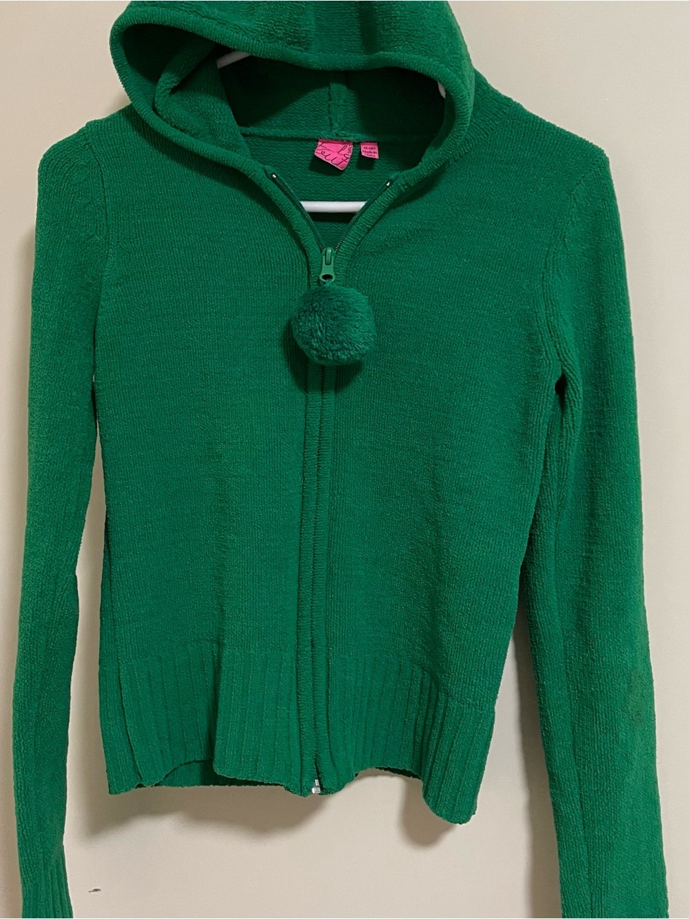Take Out Girls XL Bright Green Knit Hoodie Pom Pom Zipper Pull Full Zip Sweater